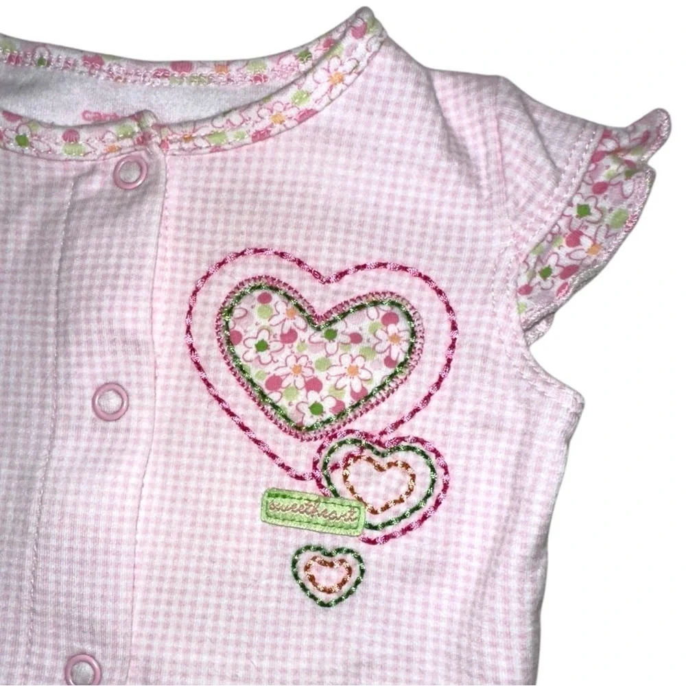 Vintage Carter's Romper 9M Pink Gingham, Ruffle Back, Hearts, Cottagecore